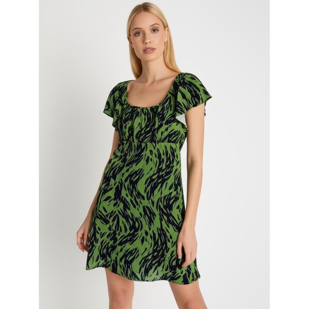 Nwt Ali & Jay Mini Dress Size L Green Abstract Pattern Flutter Sleeves V Neck